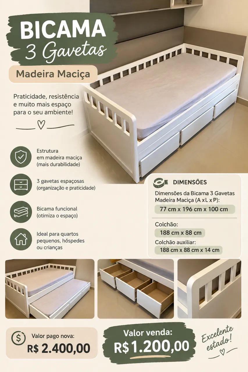 Bicama madeira Maciça com gaveta