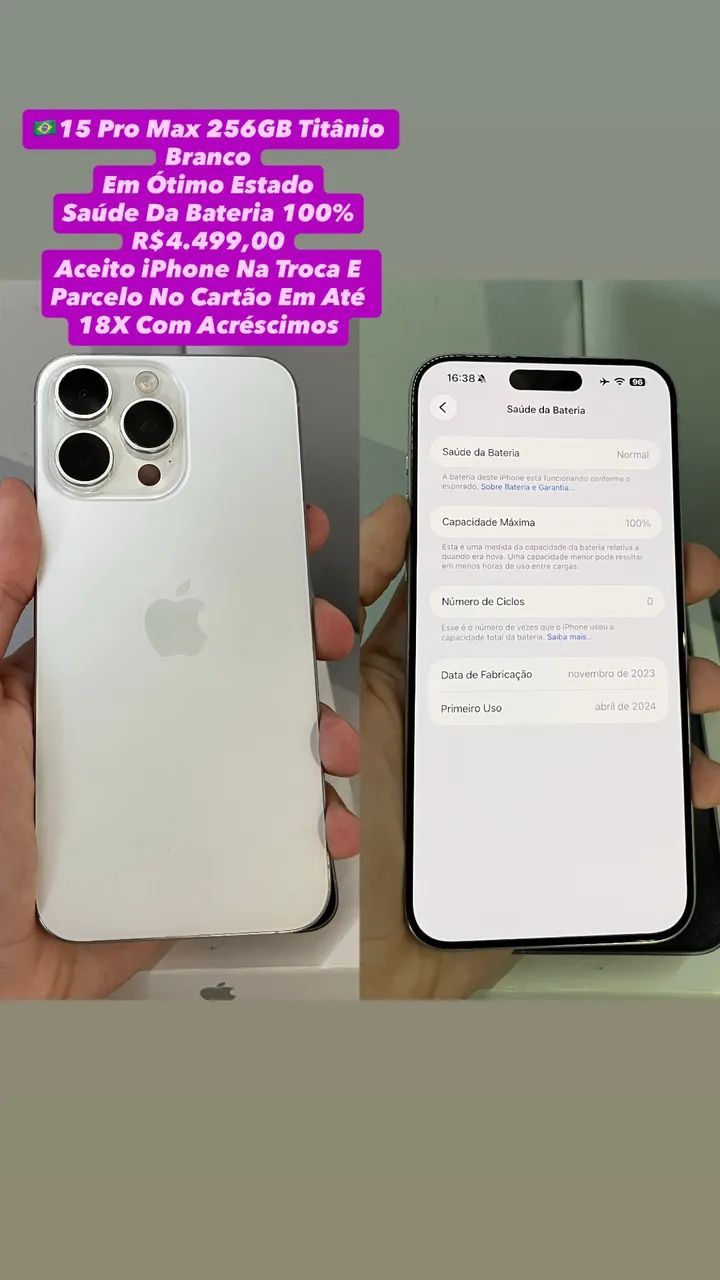 iPhone 15 Pro Max 256GB Titânio Branco - Saúde Da Bateria 100% (Usado)