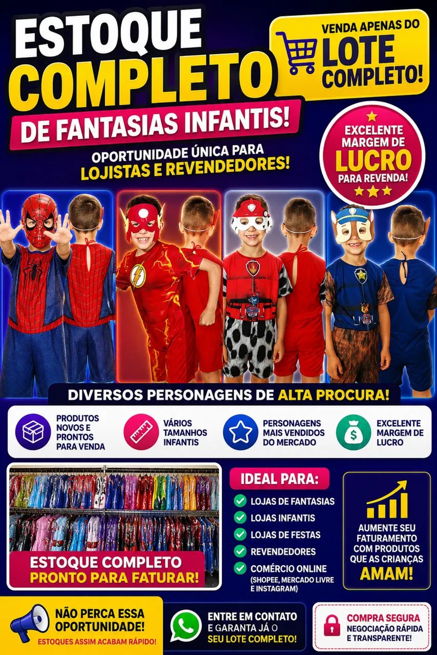 OPORTUNIDADE PARA LOJISTAS E REVENDEDORES VENDO ESTOQUE COMPLETO DE FANTASIAS INFANTIS