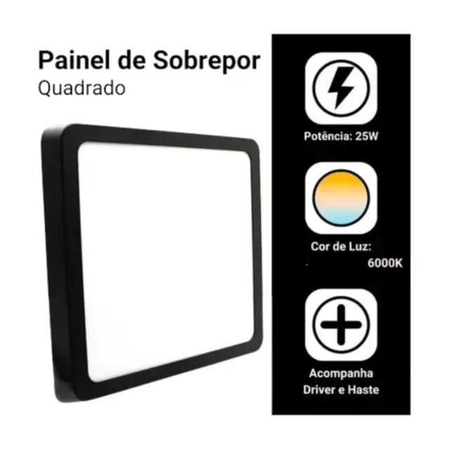 Painel Plafom Sobrepor Led 25w 30x30 Slim 6000k Capa Preta - Foto 2