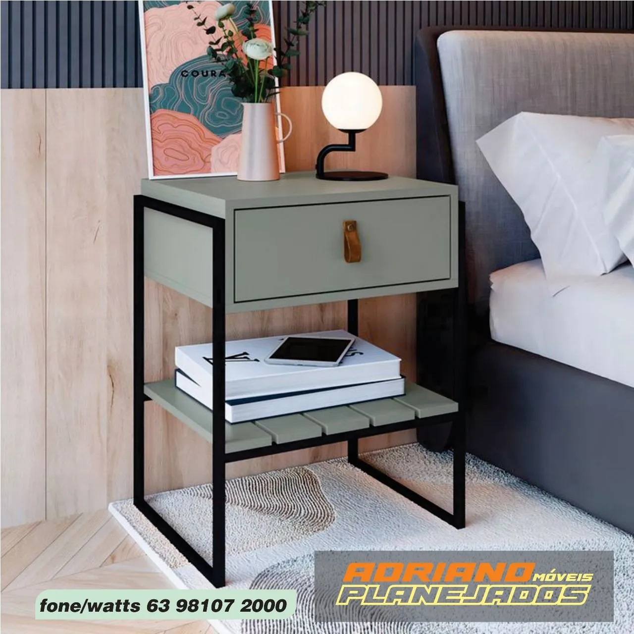 Mesa de cabeceira moderna com design industrial