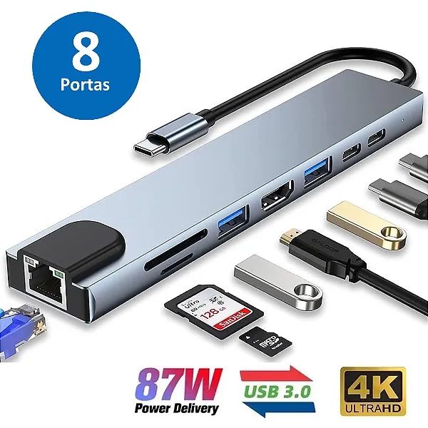 Conversor Tipo C P/ HDMI, 2 USB 3.0, 2 Tipo C, 2 Leitor SD/Micro SD e Rj45 1000Mbps