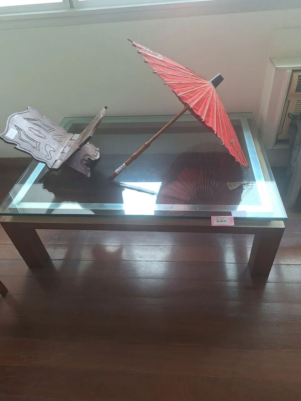 Mesa de centro madeira, metal e vidro