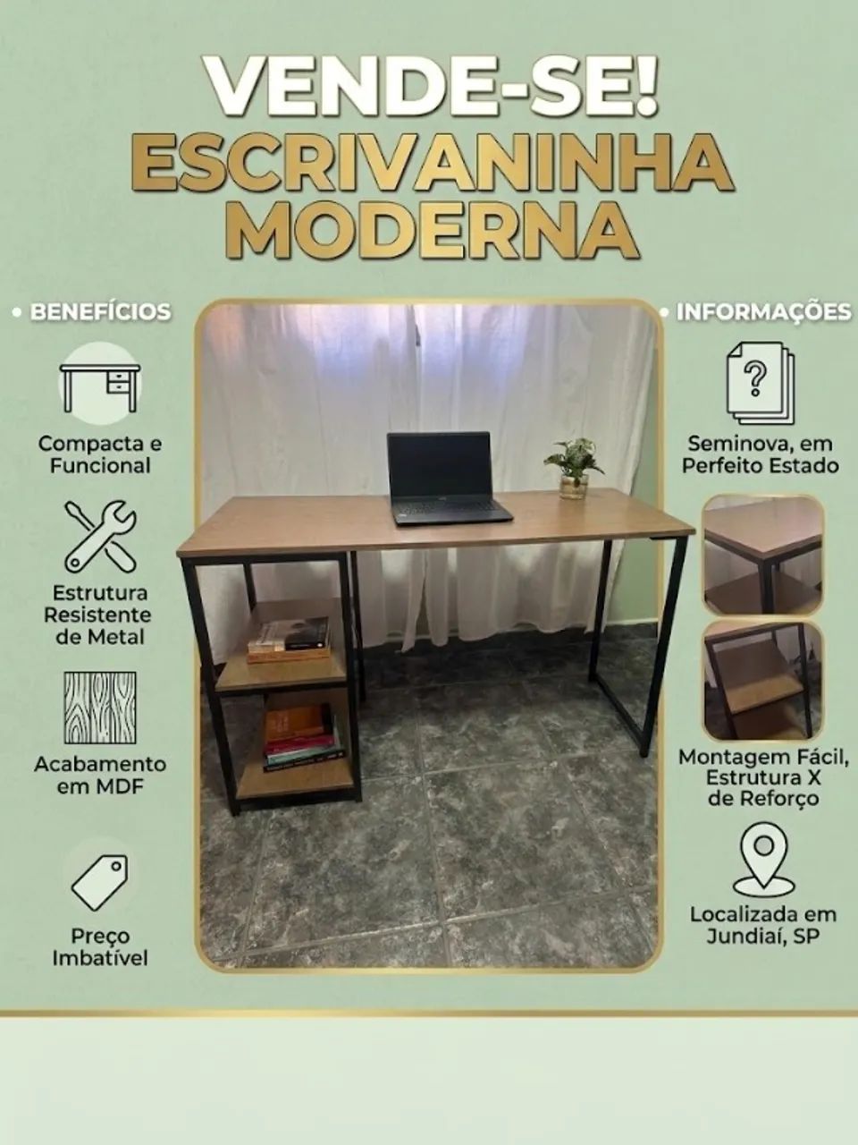 Escrivaninha Estilo Industrial com Prateleiras Laterais