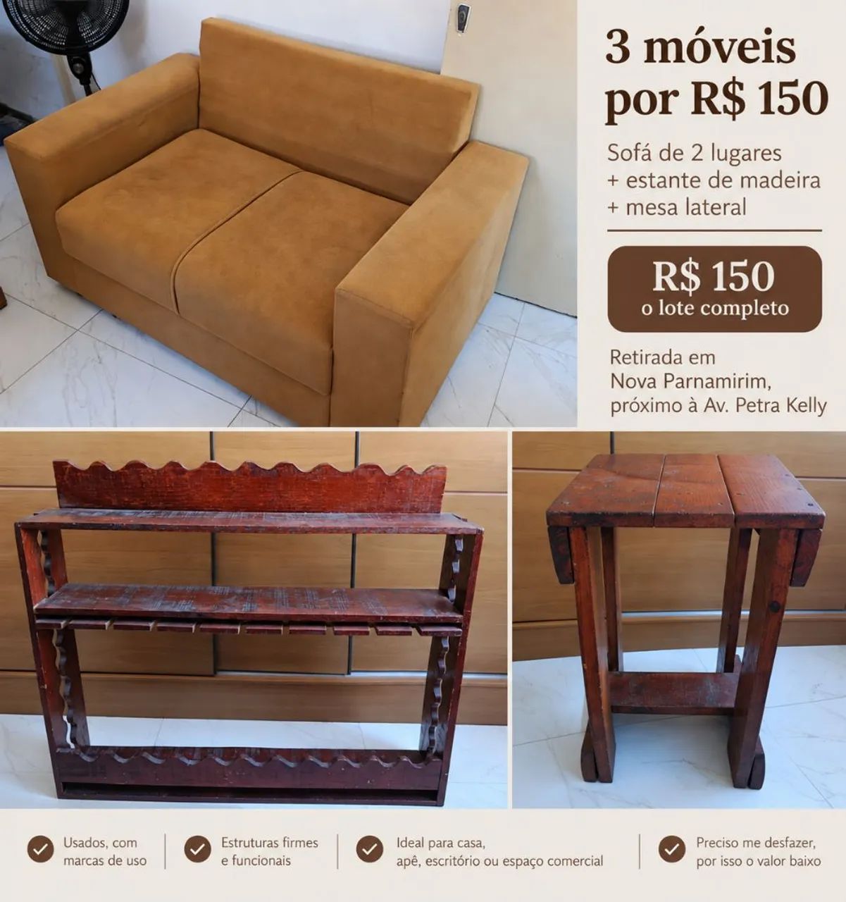 Sofá + estante + mesa de madeira | Tudo por R$ 150