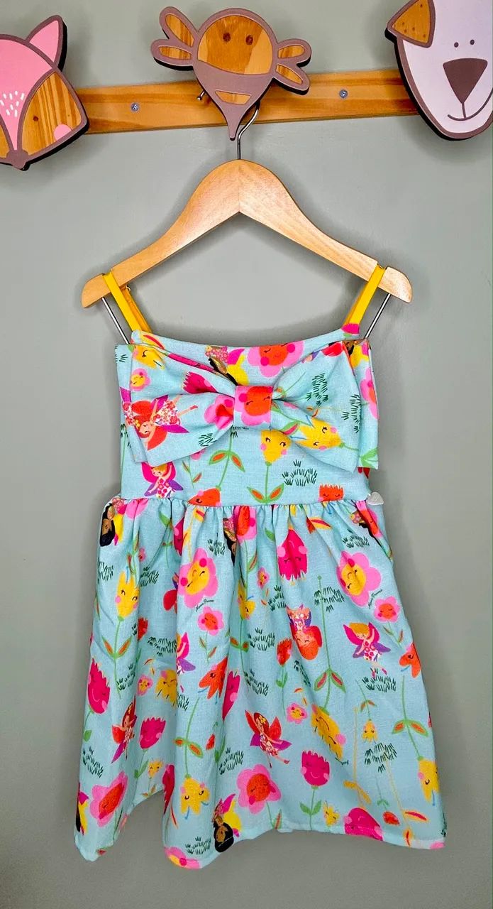Vestido infantil estampado com laço alça amarela 4 anos