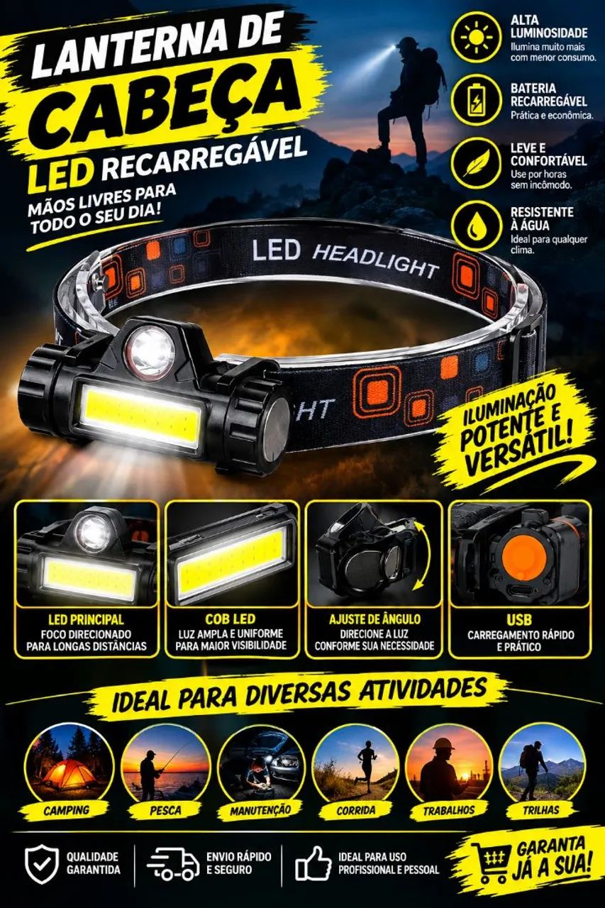 LANTERNA DE CABEÇA RECARREGÁVEL USB 