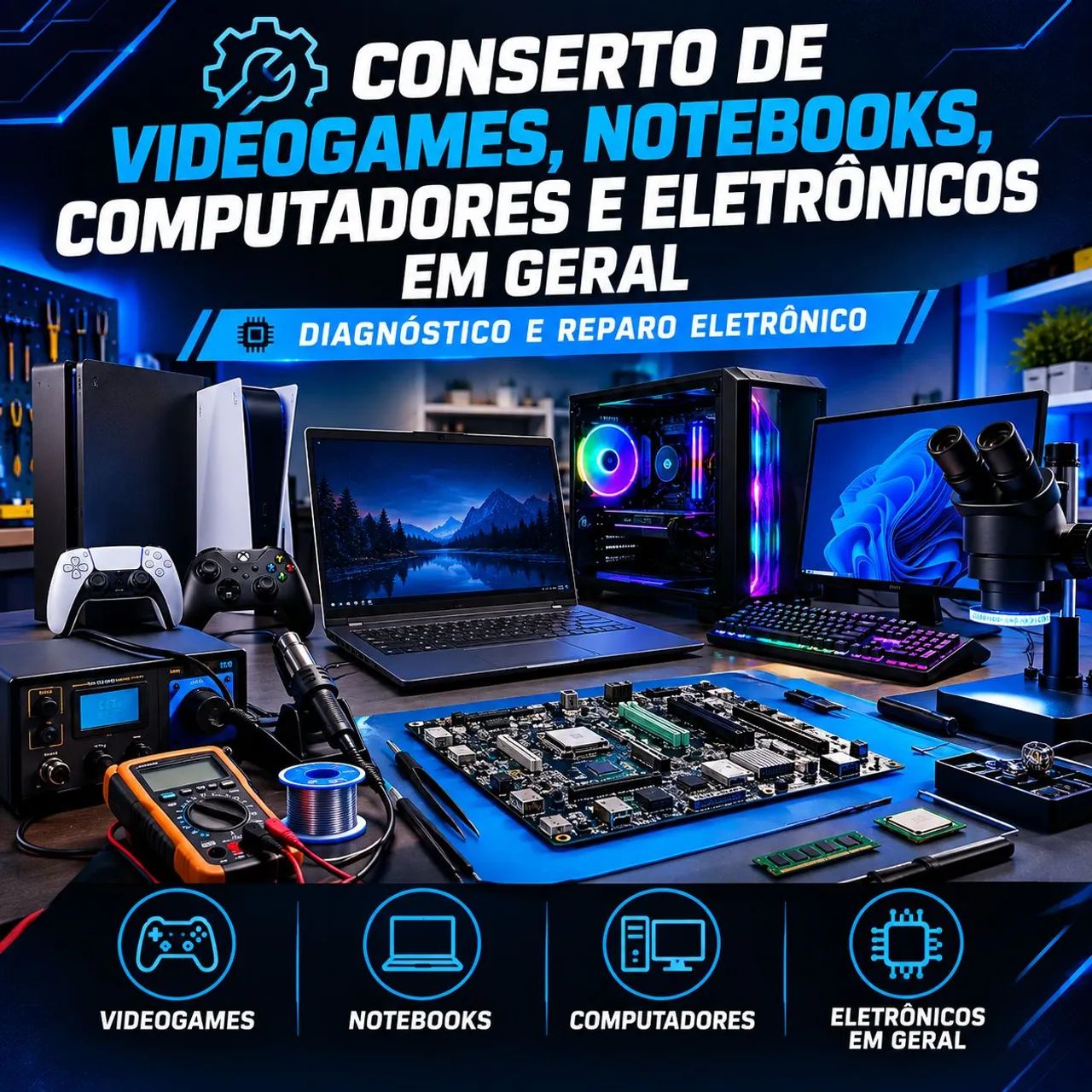 Fazemos reparo em Vídeo Games, Notebooks, computadores e eletrônicos em geral.