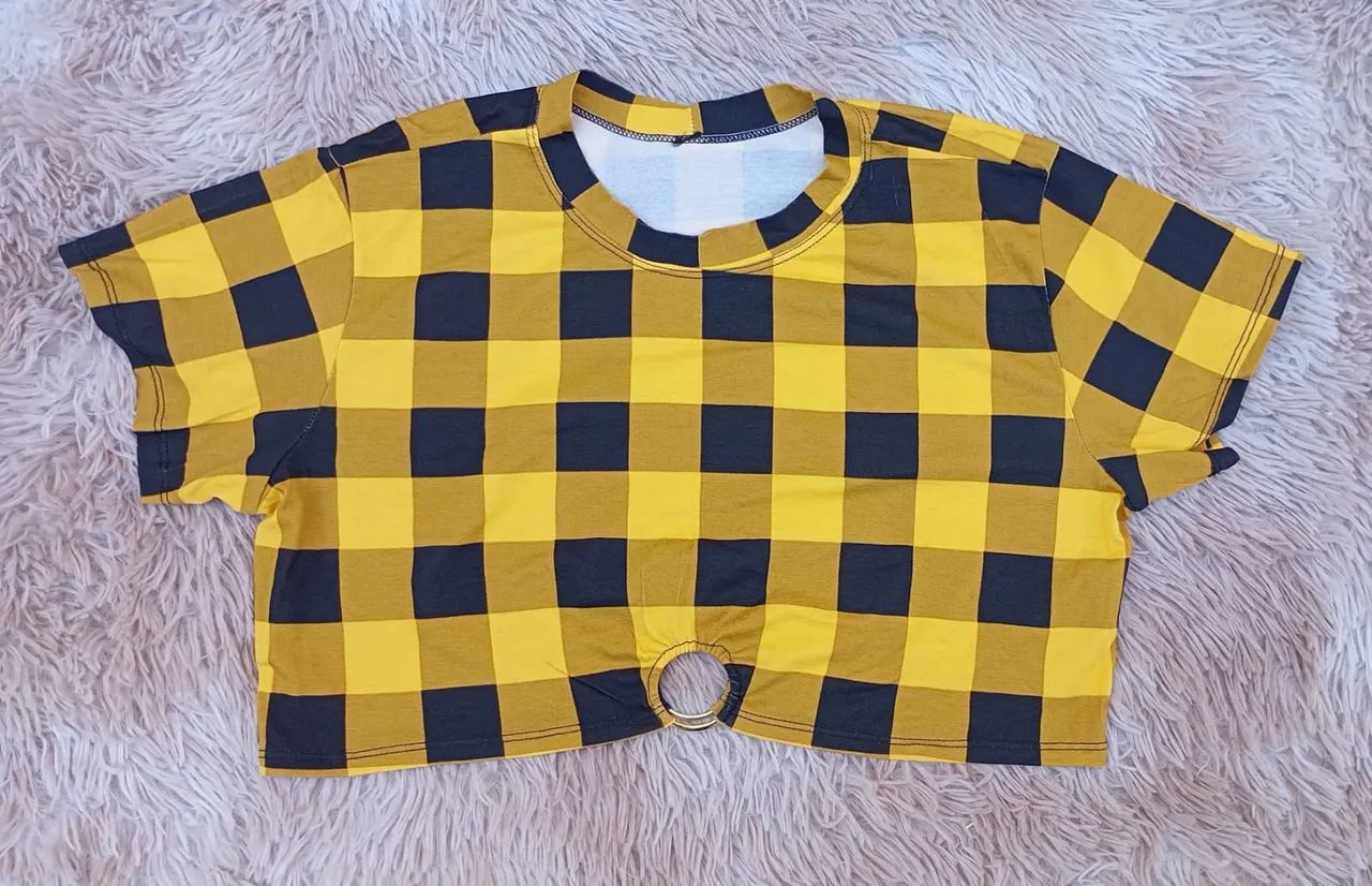 Blusa Cropped Xadrez Amarelo e Preto - Foto 2