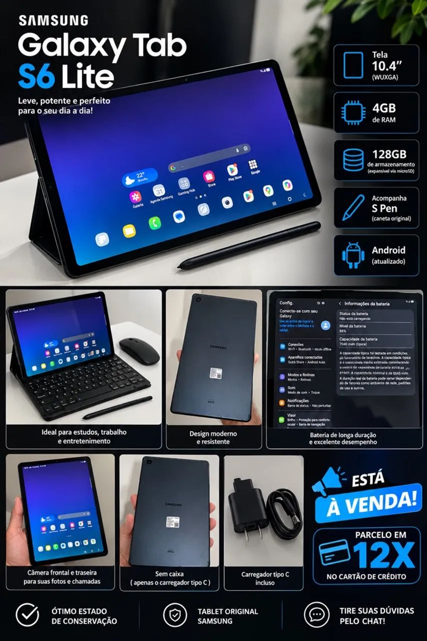? SAMSUNG GALAXY TAB S6 LITE 128GB - COMPLETO + TECLADO E MOUSE! ?