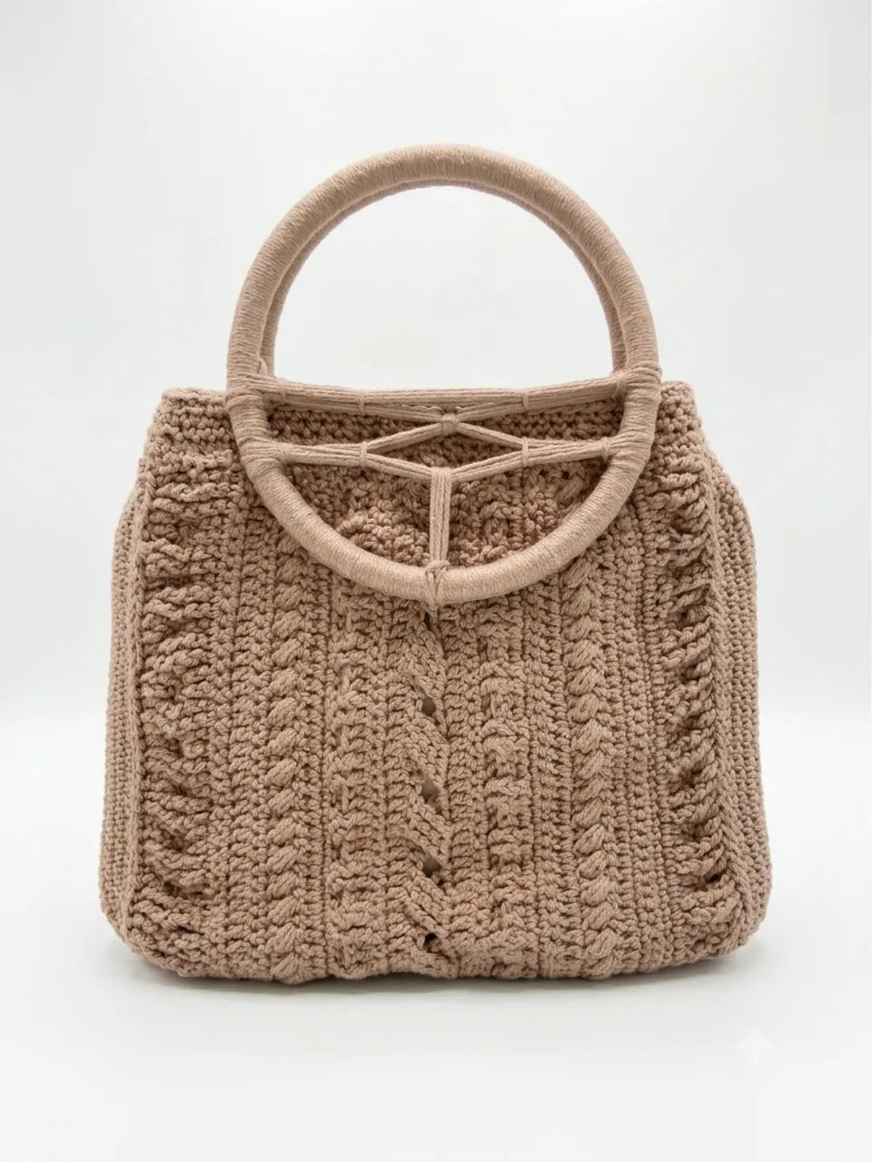 Bolsa de crochê com alça de madeira