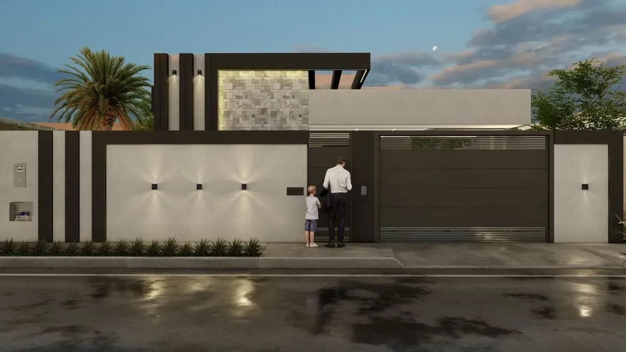 Linda casa moderna com cozinha e área gourmet planejada