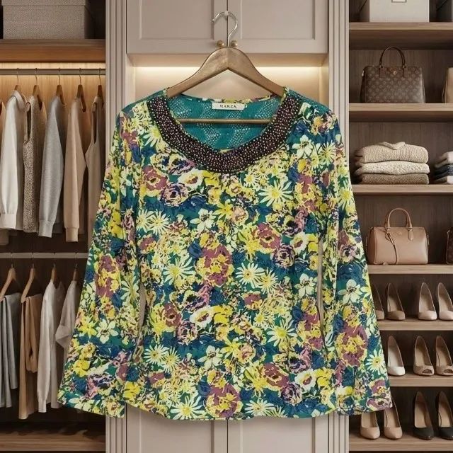 Blusa Floral Feminina Estampada Miçangas E Renda Boho Chic - Foto 5