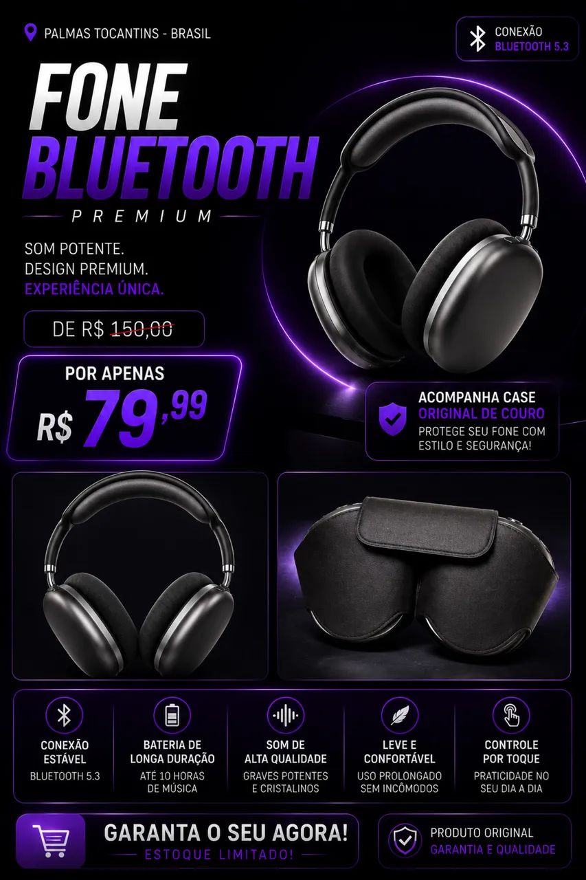 Fone premium com case de couro 
