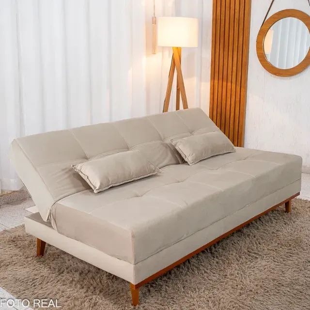 Sofá Cama Aurora Bege - Espuma D28 e Molas - Novo