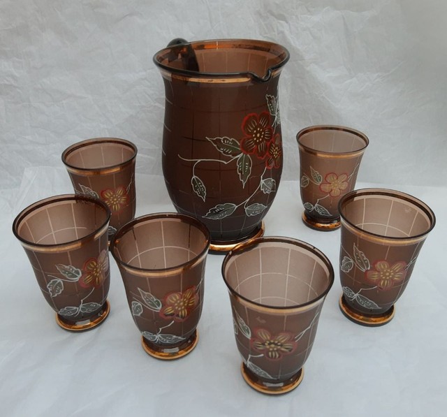 Promoção -Antigo Conjunto Vintage, Cristal Veneziano cor Conhaque<br>Jarra com 6 copos