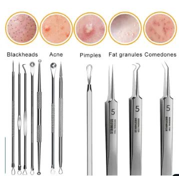 Kit com 12 Peças (8 Curetas + 3 Pinças) Limpeza de Pele Acne Cravos Extrator Estética z648 - Foto 6