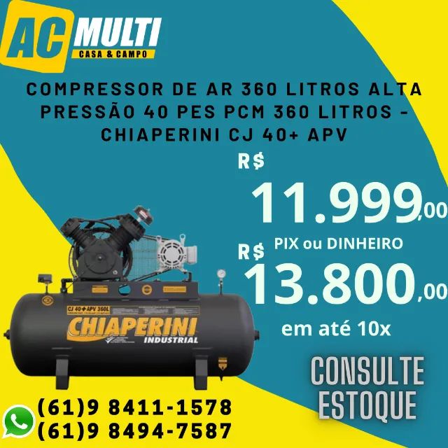 Compressor de Ar 360 litros alta pressão 40 pes pcm 360 litros - Chiaperini CJ 40+ APV