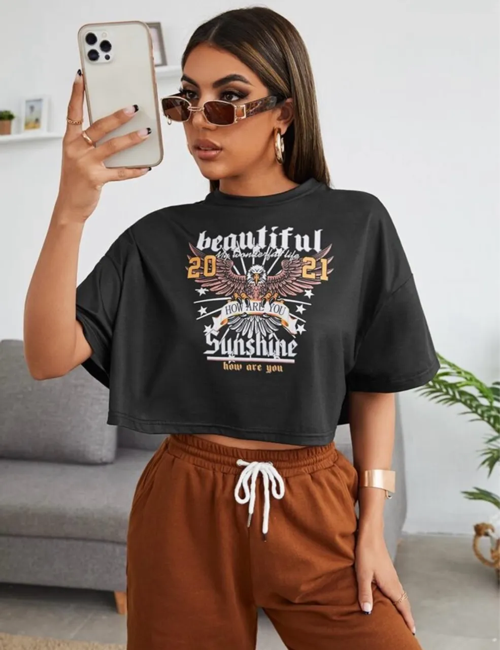 Blusa Cropped Estampada Oversized