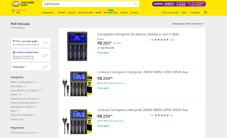 Liitokala Lii-pd4 + 3 pilhas - Em ótimo estado de conservação pouco usado