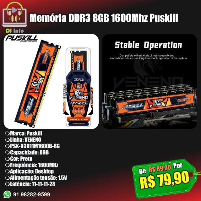 Memória DDR3 8GB 1600Mhz Puskill
