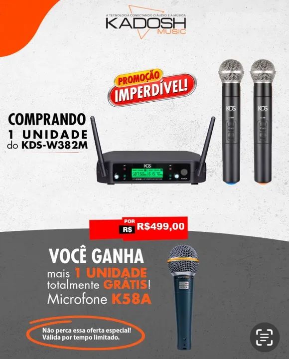 Kit Microfone Sem Fio Duplo KDS-W382M e Microfone com Fio K58A Kadosh 