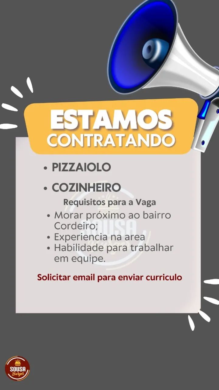 Vaga de emprego para Pizzaiolo e cozinheiro de self service no cordeiro