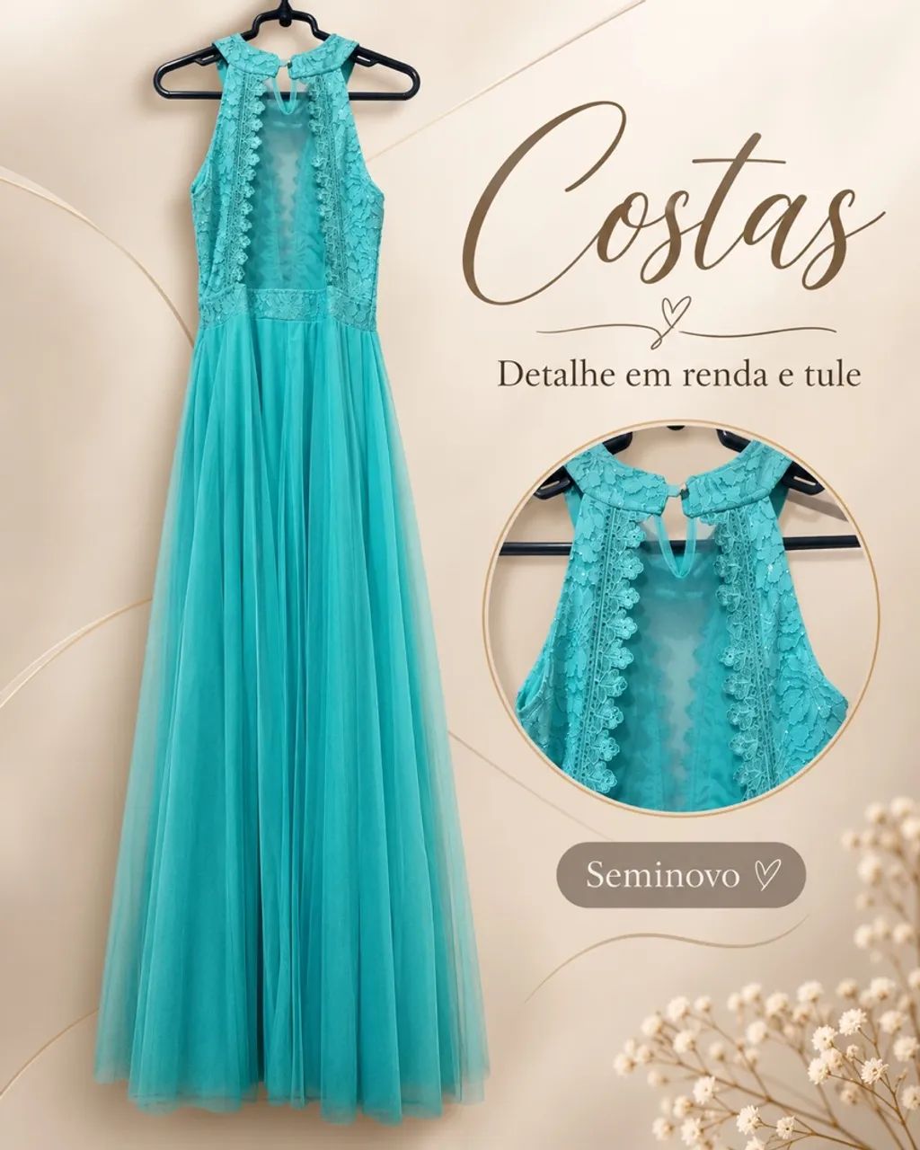 Vestido Longo Azul Celeste com Tule e Renda  - Foto 2