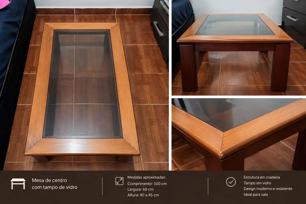 Mesa de Centro Rústica de Madeira com Vidro