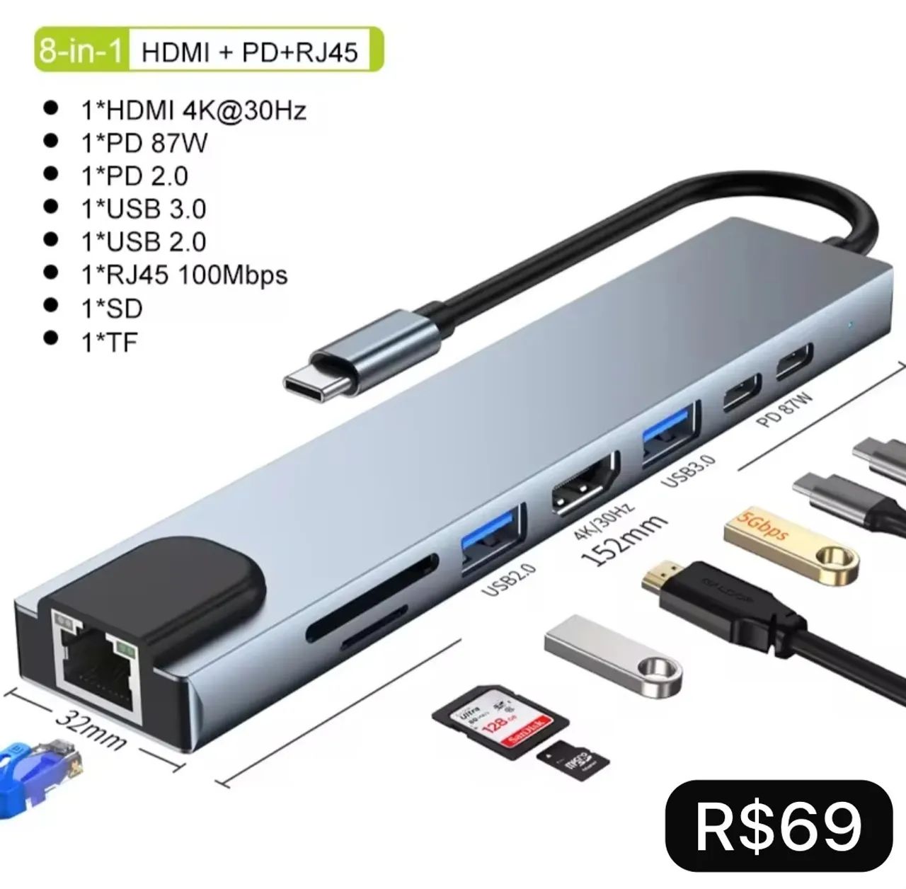 Multi splitter 8 in 1 USB C - Produto Novo