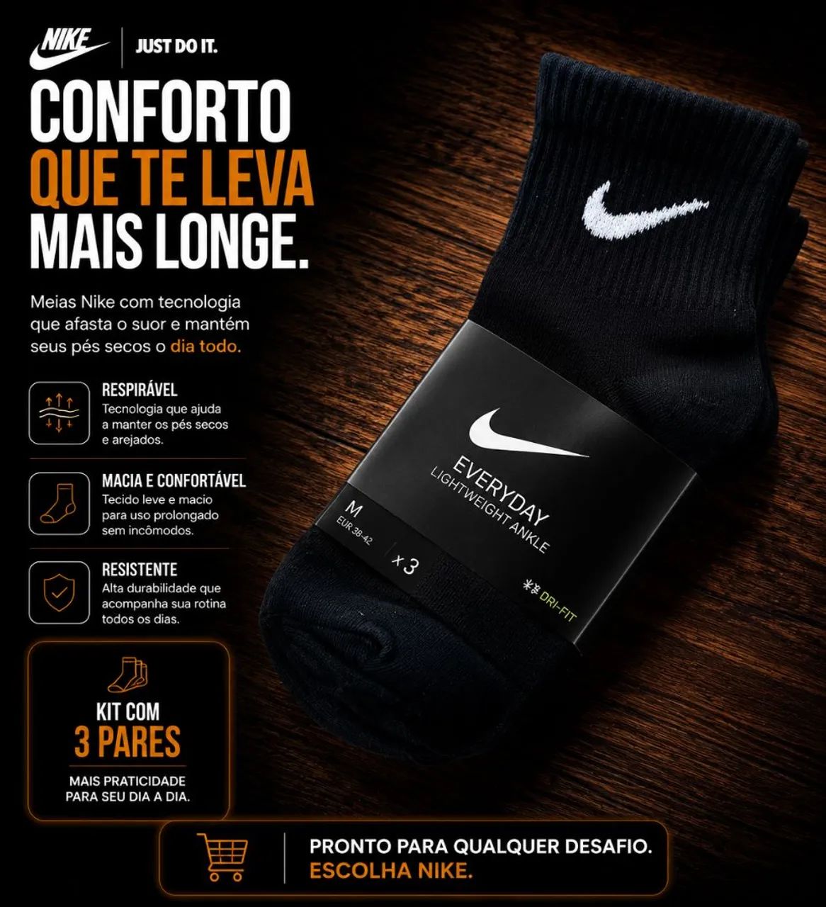 Kit 3 pares de meias nike