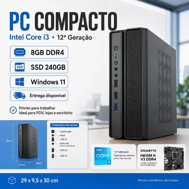 PC Compacto i3-12100 8GB SSD Windows 11 Pronto para Uso