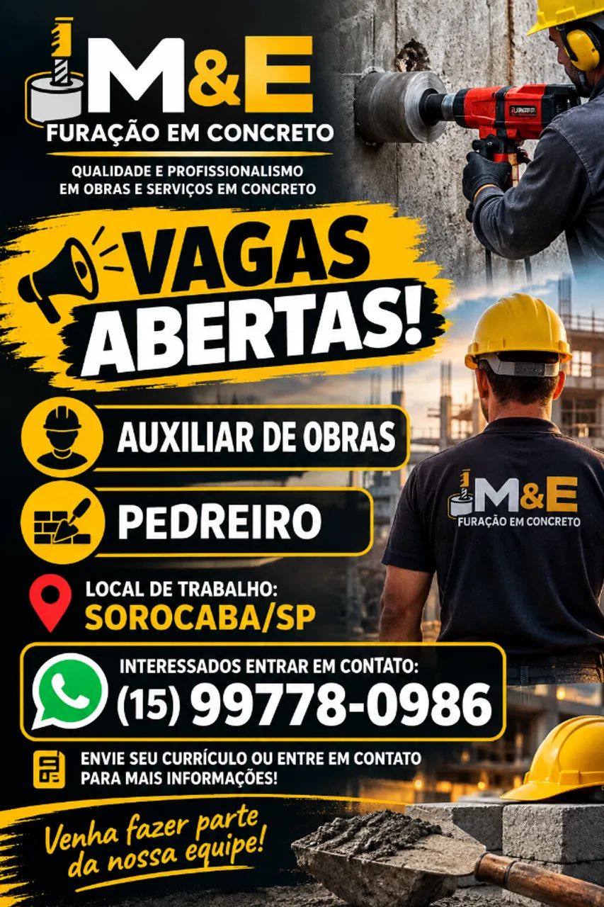 Vagas Auxiliar de obras e pedreiro 