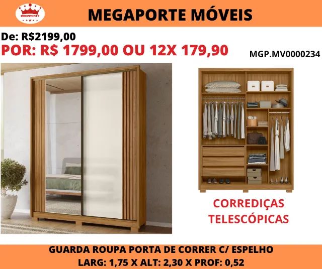 Guarda Roupa Solteiro 1,75 Portas de Correr C/Espelho