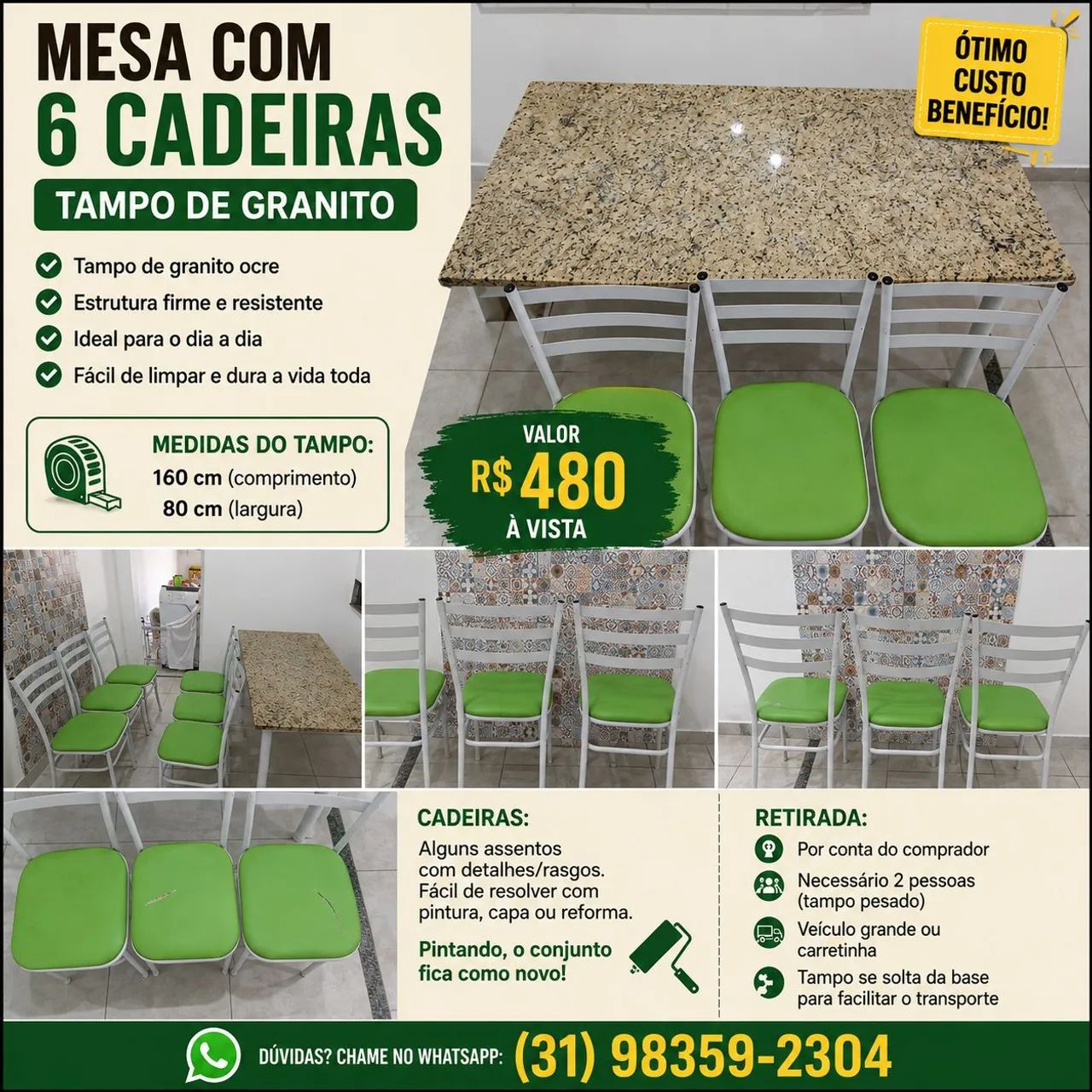 Mesa de jantar com tampo de granito + 6 cadeiras.