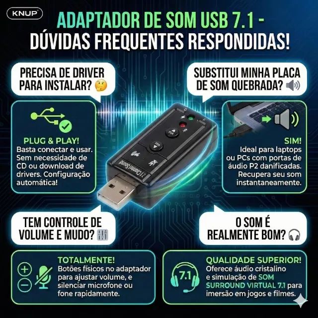Adaptador Para Placa De Som USB 7.1 Preto - Foto 5
