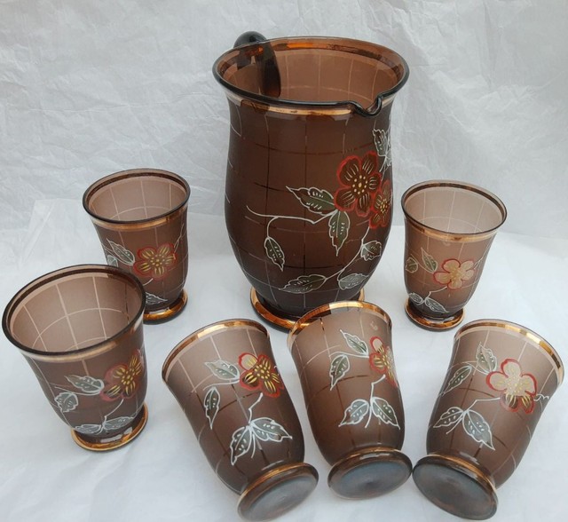 Promoção -Antigo Conjunto Vintage, Cristal Veneziano cor Conhaque<br>Jarra com 6 copos - Foto 5