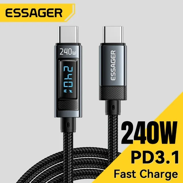 Cabo Essager 240w 2M ou 100w Tipo C Display Digital Watts 4.0 Pd Carga Rápida Turbo