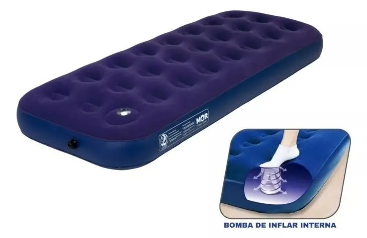 Colchão Inflável Solteiro Mor C Bomba Embutida + Kit Reparo