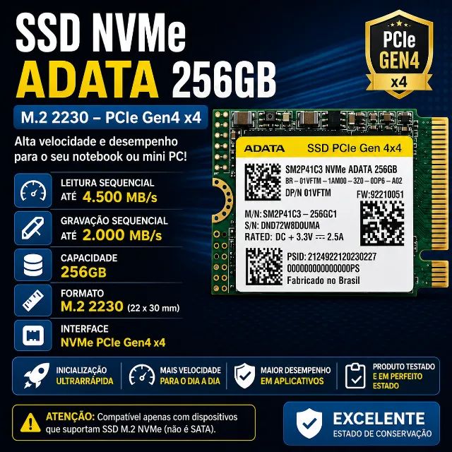 NVMe 256GB Original Adata testado e funcionando