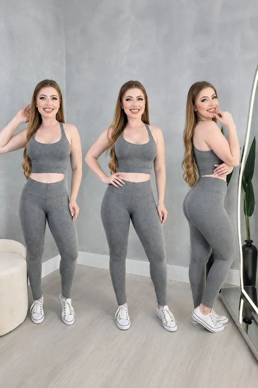 Conjunto Top e Calça Legging Fitness - Preto e Cinza - Foto 3