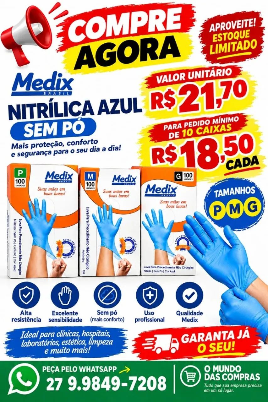  Luva Nitrílica Azul Medix c/100 Sem Pó - P, M e G 