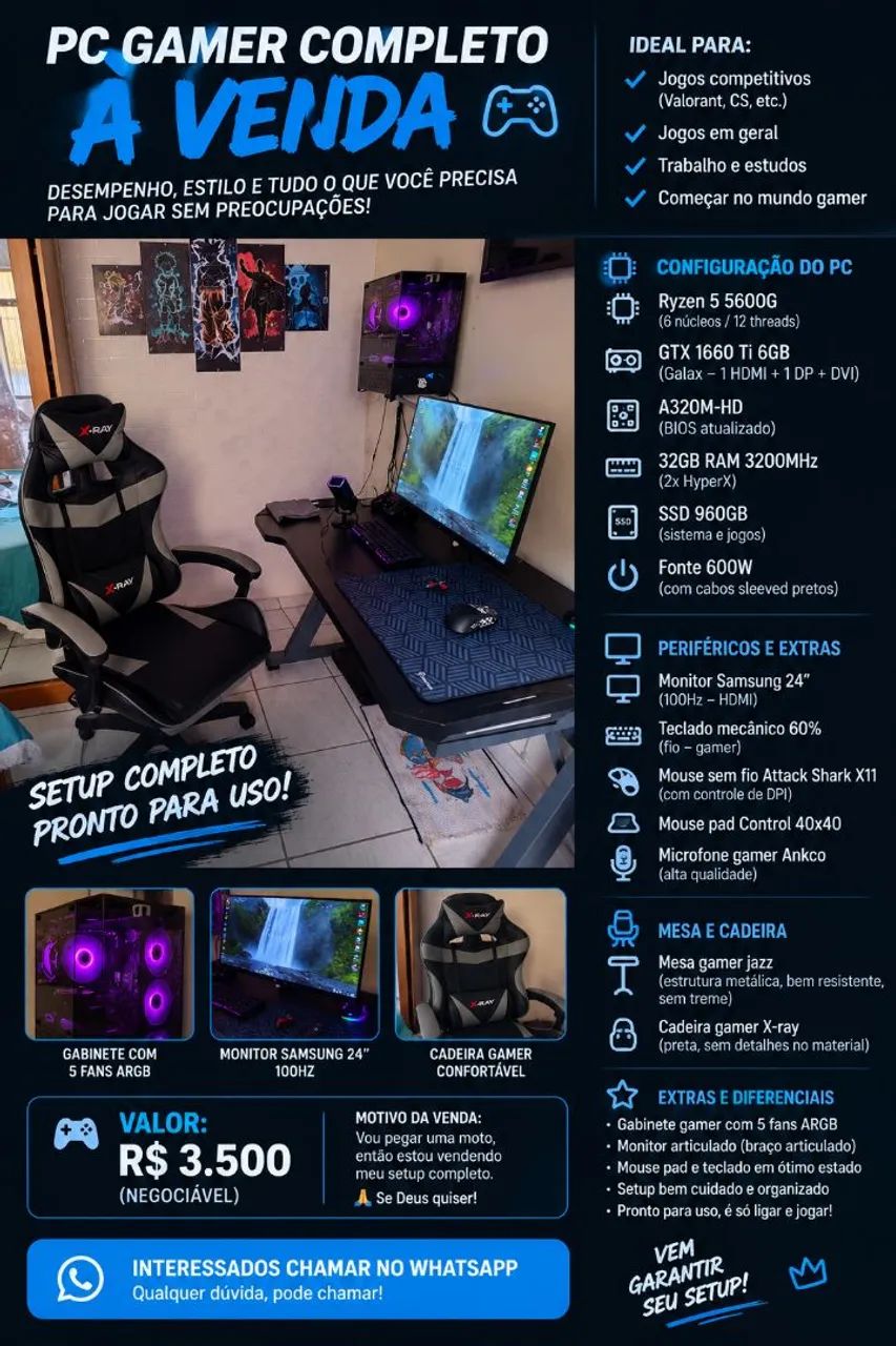Vendo Pc gamer completo com mesa e cadeira 