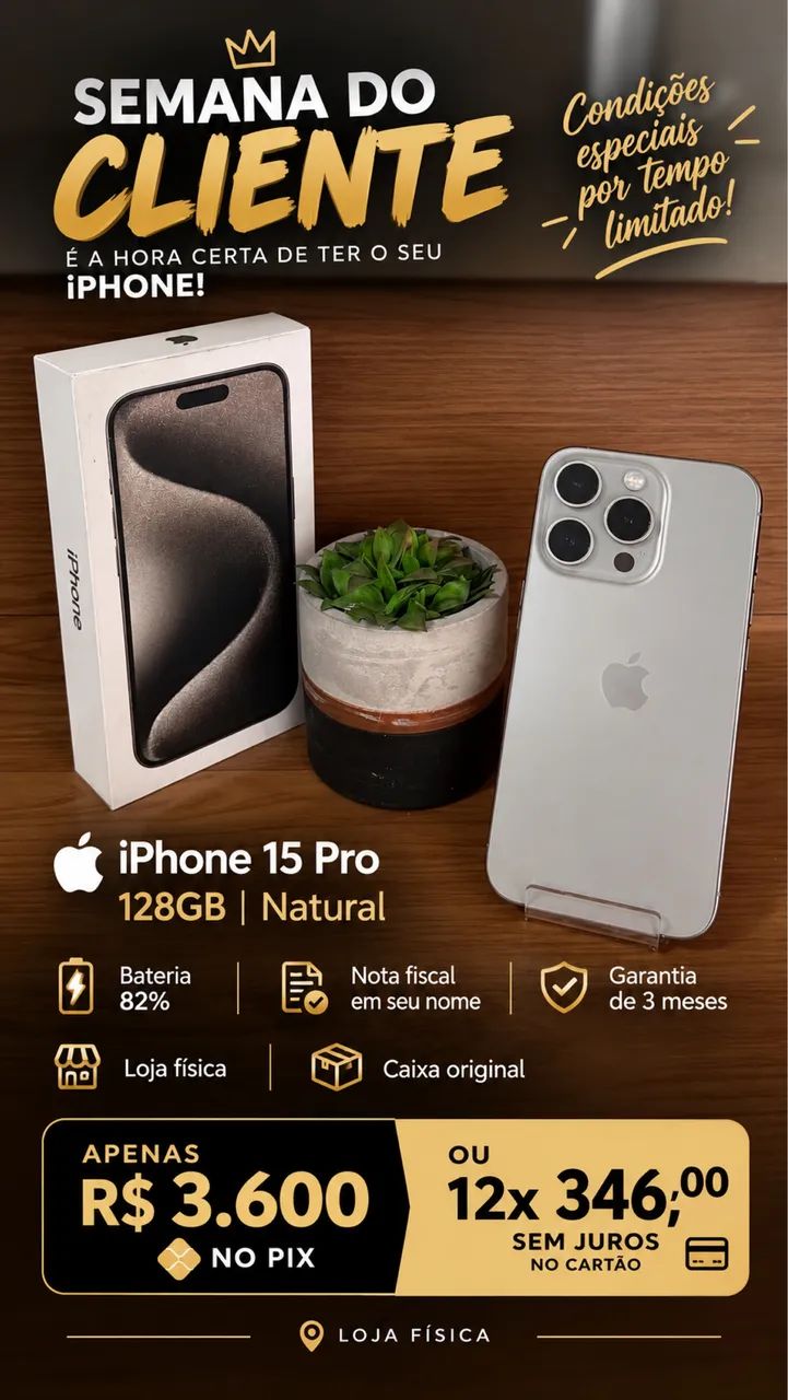 Apple iPhone 15 Pro 128GB Natural + Caixa Original - Celulares e