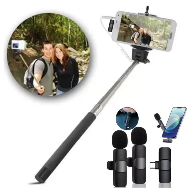 Kit 2UN Microfone Lapela S/Fio + Bastão Pau De Selfie  - Foto 3