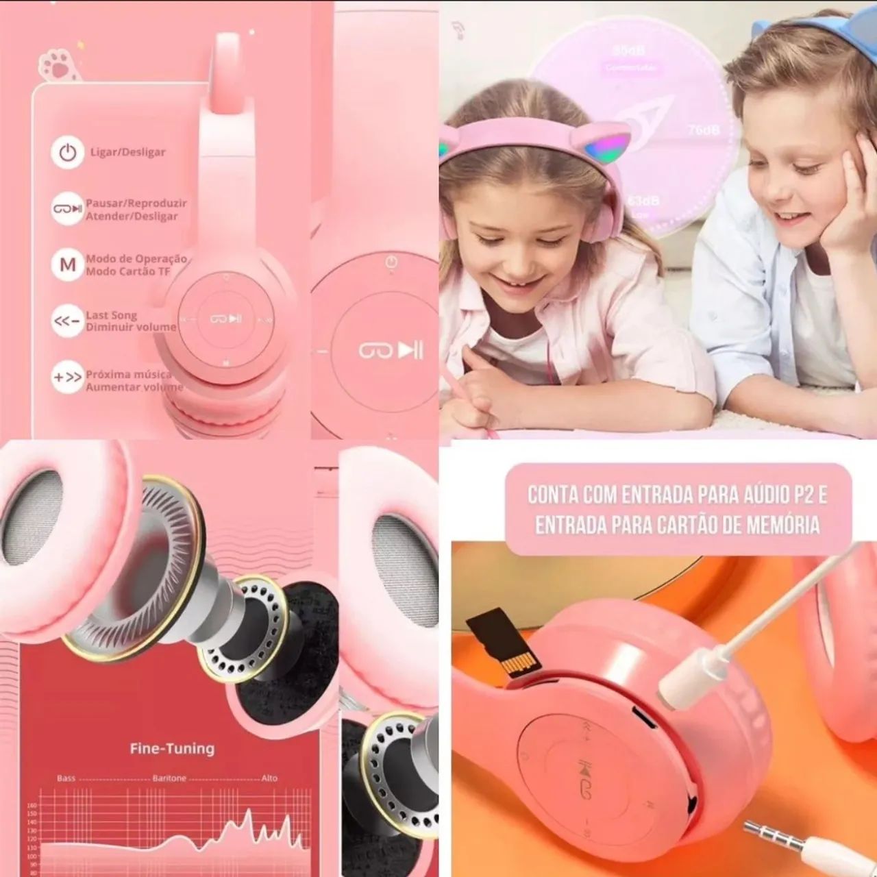 Fone de Ouvido Bluetooth Infantil com Led - Rosa - Foto 2