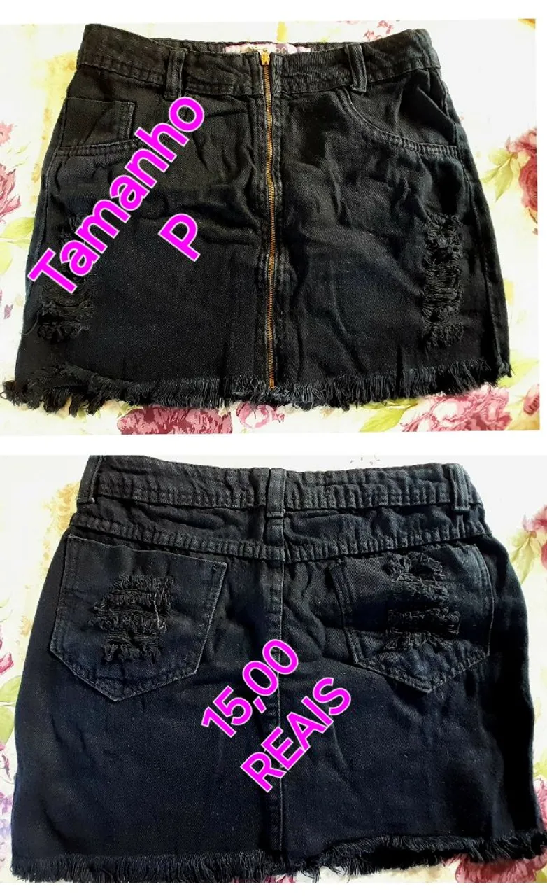 Saia Jeans Preta Destroyed Tamanho P