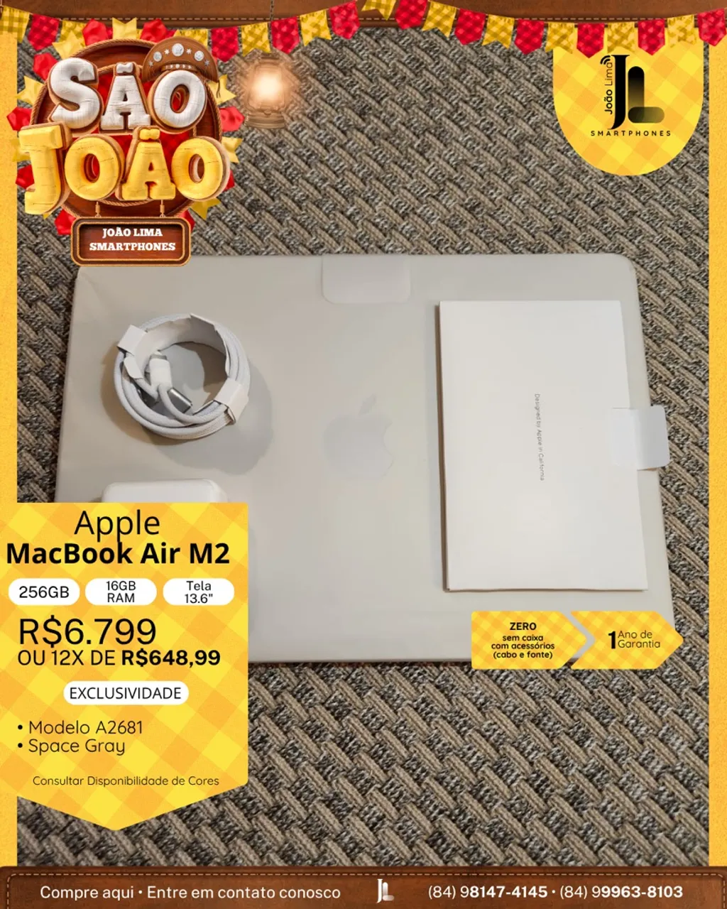 MACBOOK AIR M2, 256GB, 16GB RAM, TELA 13.6?, ZERO SEM CAIXA, EXCLUSIVO!