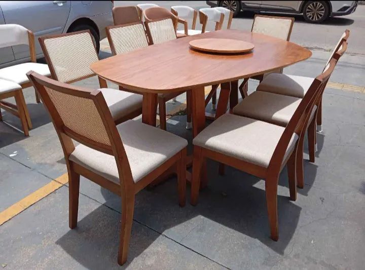 Organic dining table with 8 solid wood chairs