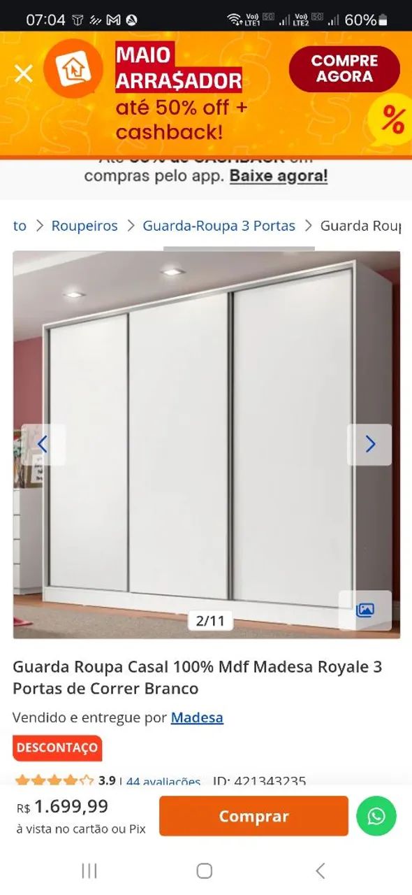 Guarda-Roupa Casal 100% MDF Madesa Royale 3 Portas de Correr Branco